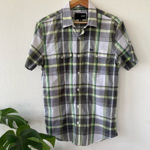 Men's Hurley Green & Gray Plaid Short Sleeve Button Down Shirt Medium